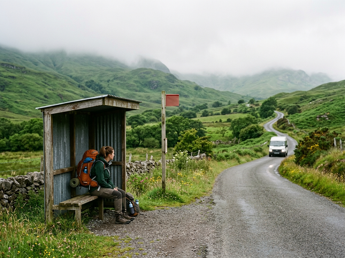 A backpacker waiting at a rural bus stop as a minibus approaches