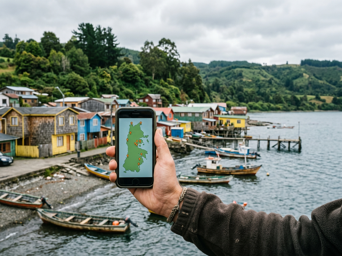 A traveller holding a phone with an island map in a small town square