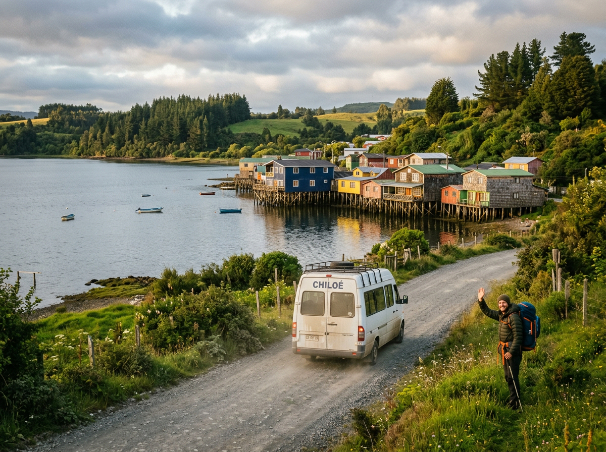 A minibus driving back along a coastal road in late afternoon light