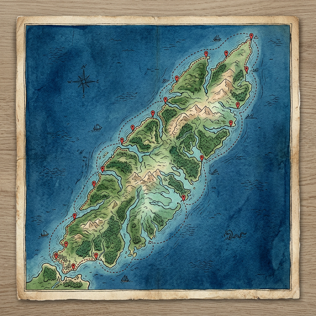 Illustrated map of a long green island with a dotted coastal route