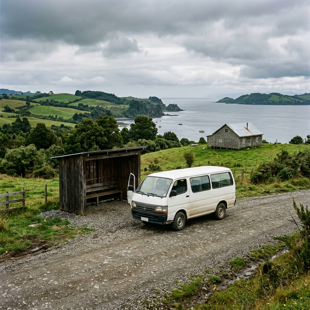 A small white minibus stopped at a wooden roadside shelter