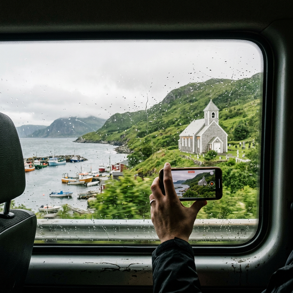 A hand filming a wooden church on a hillside from a minibus window